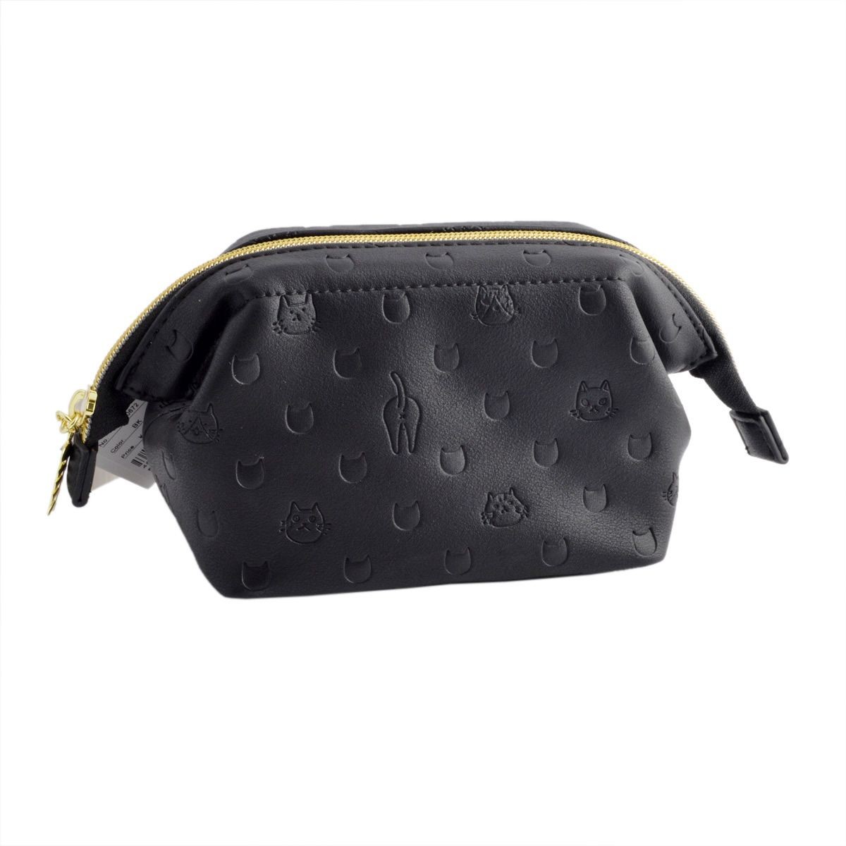 アネロ anello  ZU-D0672-BK 魚の骨チャーム付♪ ねこどっと型押し ワイヤーポーチ がばっと開くので中身が見やすい◎ CAT・DOT☆猫シリーズ☆