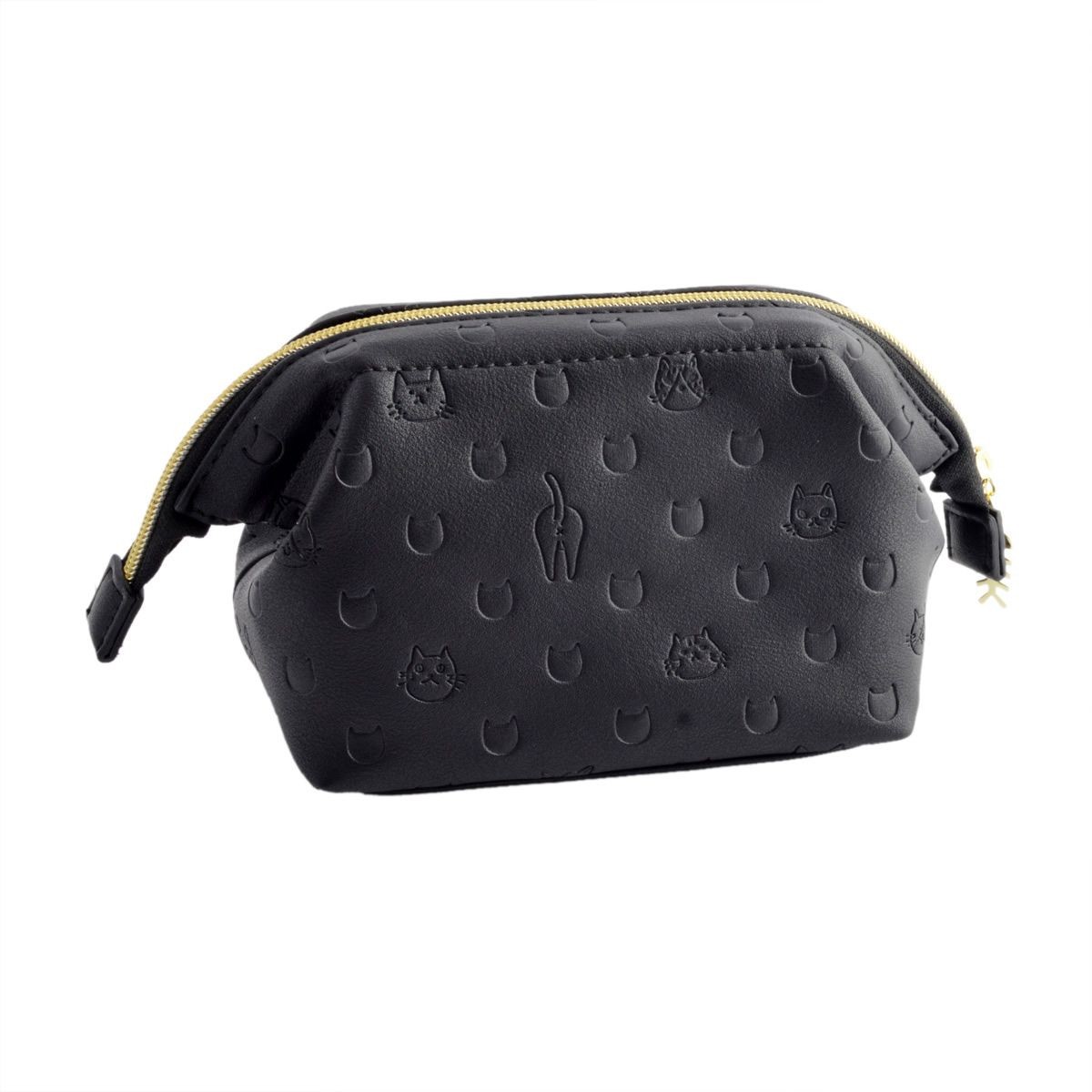 アネロ anello  ZU-D0672-BK 魚の骨チャーム付♪ ねこどっと型押し ワイヤーポーチ がばっと開くので中身が見やすい◎ CAT・DOT☆猫シリーズ☆