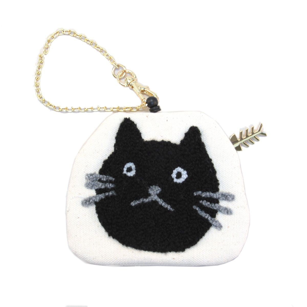 アネロ anello  ZP-D0433-IV 魚の骨チャーム付♪もこもこサガラ刺繍 パスケース＆ミニポーチ 紐が伸び～るリール式で自動改札にも便利♪ CAT・DOT☆ねこどっとシリーズ☆