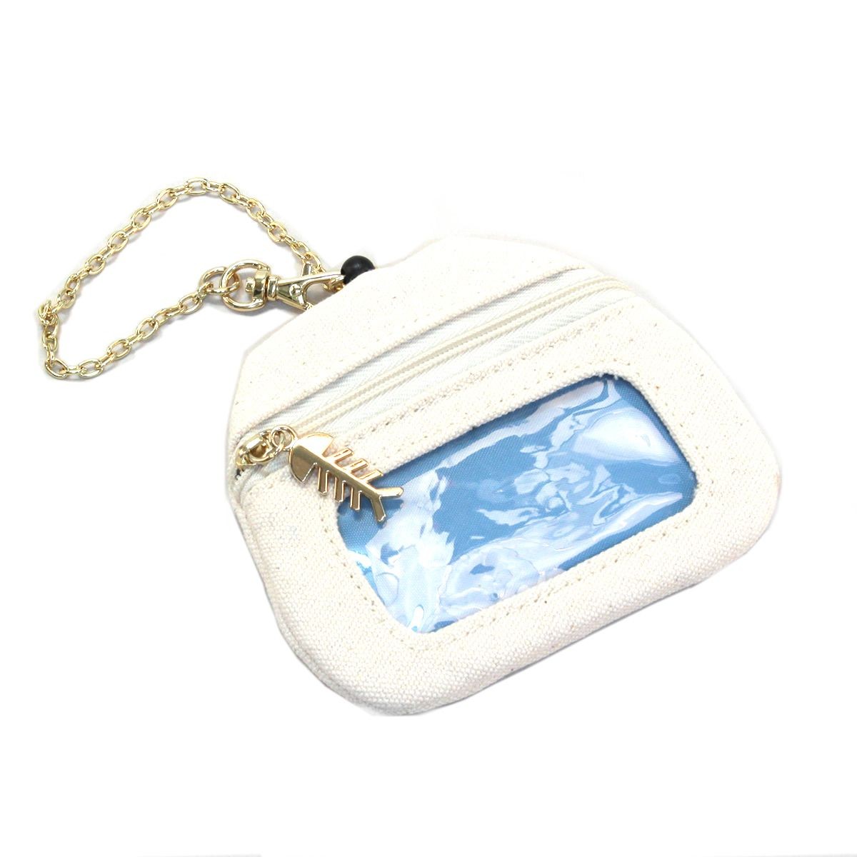 アネロ anello  ZP-D0433-IV 魚の骨チャーム付♪もこもこサガラ刺繍 パスケース＆ミニポーチ 紐が伸び～るリール式で自動改札にも便利♪ CAT・DOT☆ねこどっとシリーズ☆