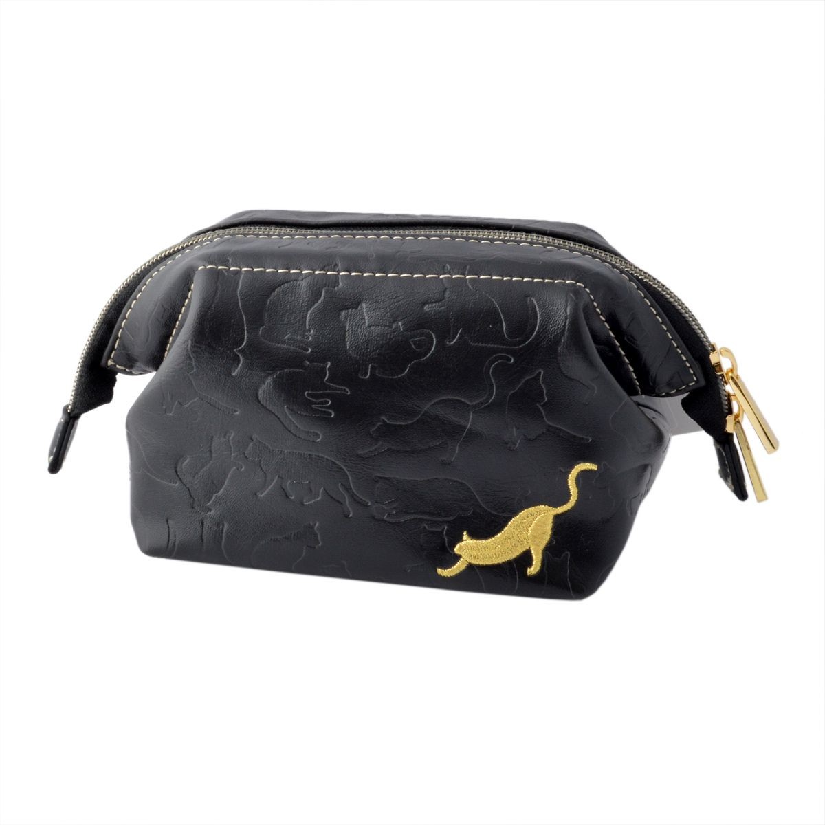 アネロ anello  ZU-D0702-BK ネコシルエット型押し ワイヤーポーチ 小物入れ がばっと開くので中身が見やすい◎