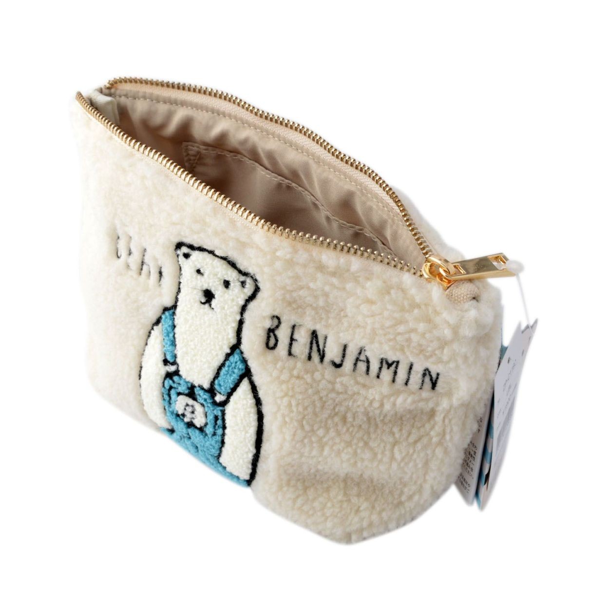アネロ anello  ZP-C1193-LBL オシャレなシロクマ ベンジャミン もこもこボア素材 サガラ刺繍 舟形ポーチ 小物入れ