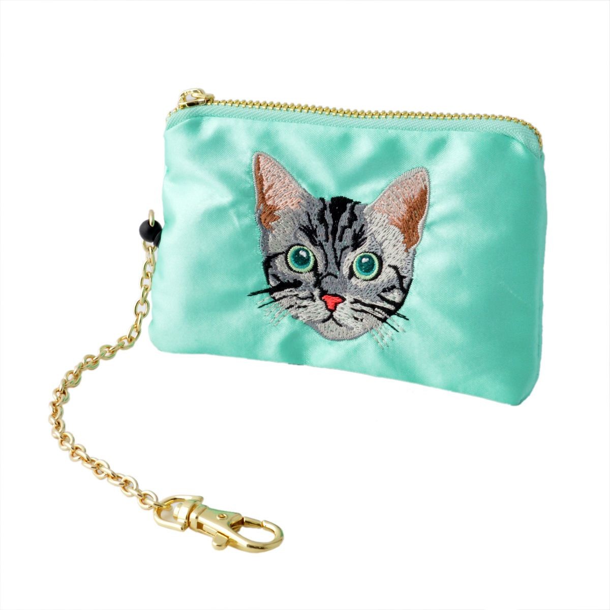 レガートラルゴ Legato Largo  LP-B1773-MNT サテン×アメショー 猫フェイス刺繍 キーリング＆パスケース付 ポーチ 紐が伸び～るリール式で自動改札にも便利♪