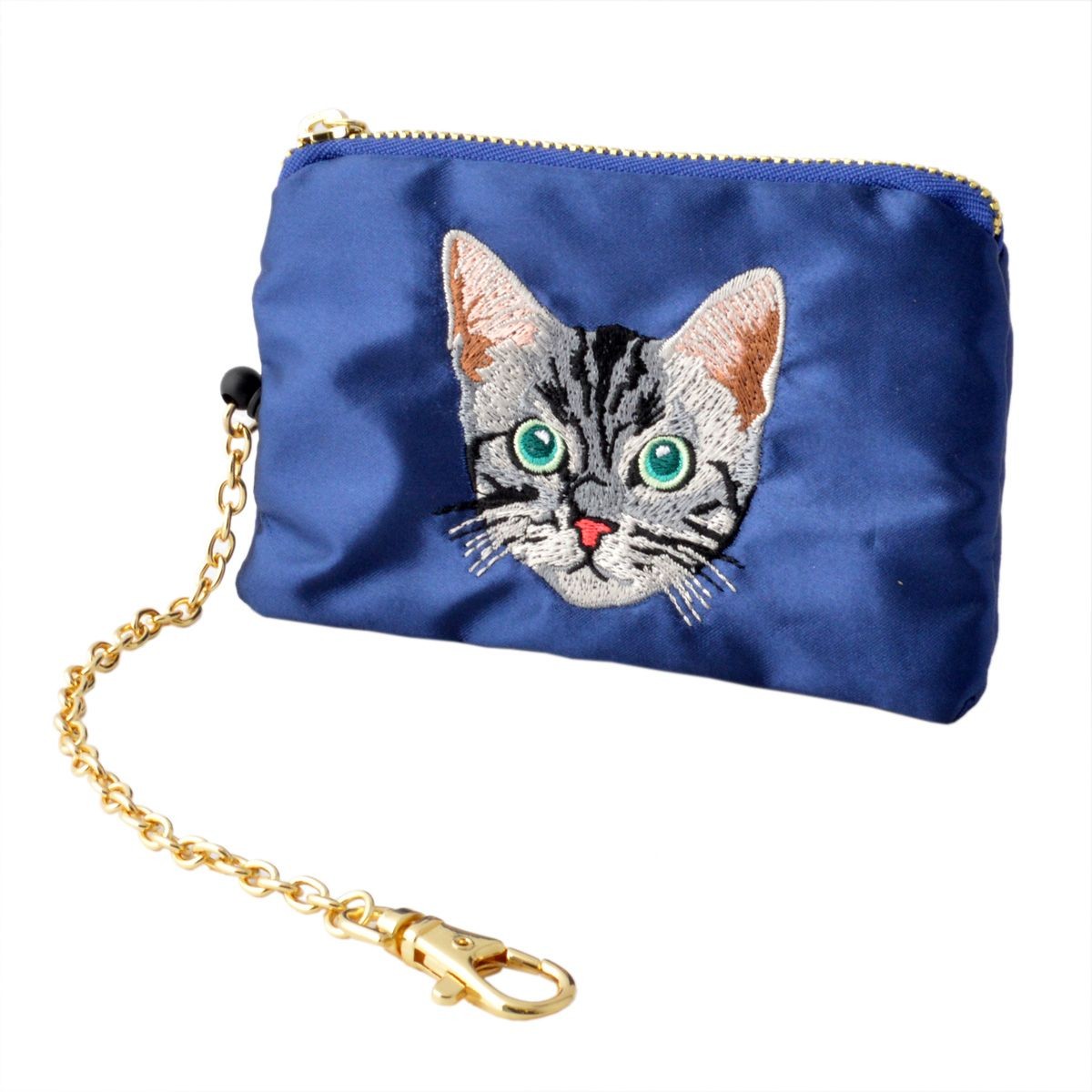 レガートラルゴ Legato Largo  LP-B1773-NV サテン×アメショー 猫フェイス刺繍 キーリング＆パスケース付 ポーチ 紐が伸び～るリール式で自動改札にも便利♪