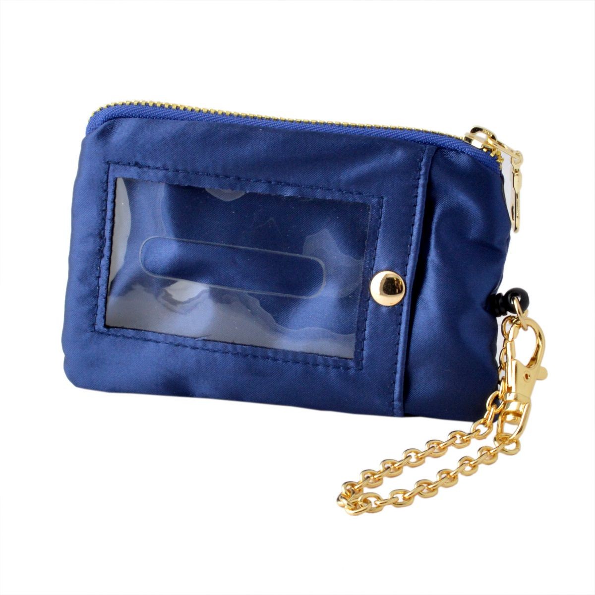 レガートラルゴ Legato Largo  LP-B1773-NV サテン×アメショー 猫フェイス刺繍 キーリング＆パスケース付 ポーチ 紐が伸び～るリール式で自動改札にも便利♪