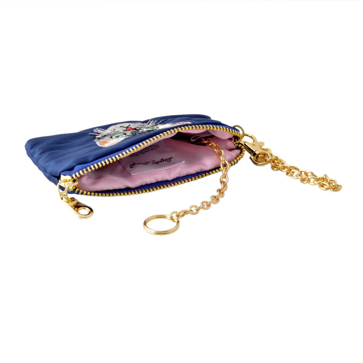 レガートラルゴ Legato Largo  LP-B1773-NV サテン×アメショー 猫フェイス刺繍 キーリング＆パスケース付 ポーチ 紐が伸び～るリール式で自動改札にも便利♪