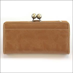 アネロ ☆猫シリーズ☆ ネコ型押し L字ファスナー小銭入れ付 がま口長財布 マスタード AS-43135 MUS