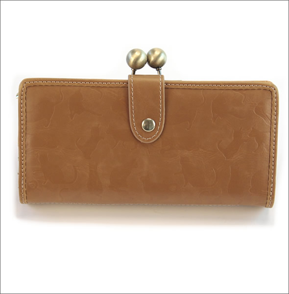 アネロ ☆猫シリーズ☆ ネコ型押し L字ファスナー小銭入れ付 がま口長財布 マスタード AS-43135 MUS