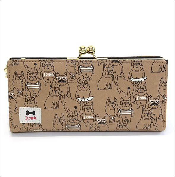 アネロ ゆるカワイイ～フレンチブルドッグ☆ぶる太くんシリーズ☆ ZU-D0022-BE 手書き風フレブルプリント 骨型チャーム付 がま口長財布 ベージュ