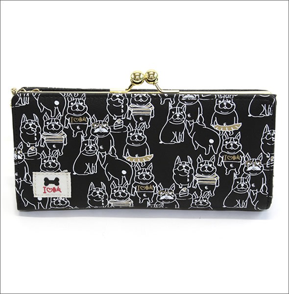 アネロ ゆるカワイイ～フレンチブルドッグ☆ぶる太くんシリーズ☆ ZU-D0022-BK 手書き風フレブルプリント 骨型チャーム付 がま口長財布 ブラック