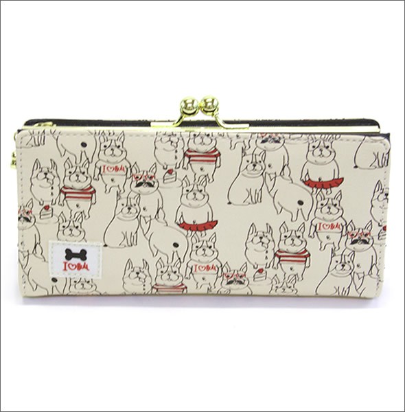 アネロ ゆるカワイイ～フレンチブルドッグ☆ぶる太くんシリーズ☆ ZU-D0022-IV 手書き風フレブルプリント 骨型チャーム付 がま口長財布 アイボリー