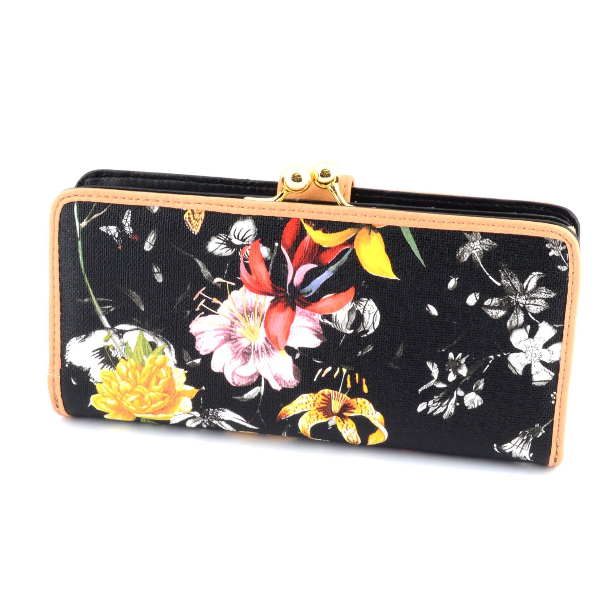 アネロ anello  ZU-M0018-BFL  フラワープリント 花柄 がま口小銭入れ付 長財布