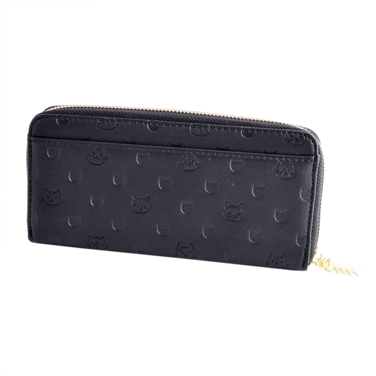 アネロ anello  ZU-D0674-BK 魚の骨チャーム付♪ ねこどっと型押し ラウンドファスナー長財布 CAT・DOT☆猫シリーズ☆