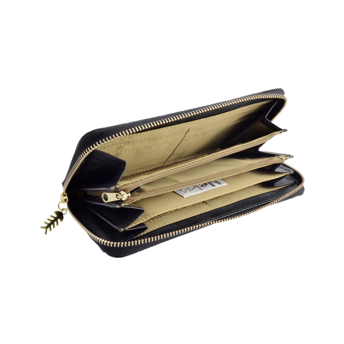 アネロ anello  ZU-D0674-BK 魚の骨チャーム付♪ ねこどっと型押し ラウンドファスナー長財布 CAT・DOT☆猫シリーズ☆