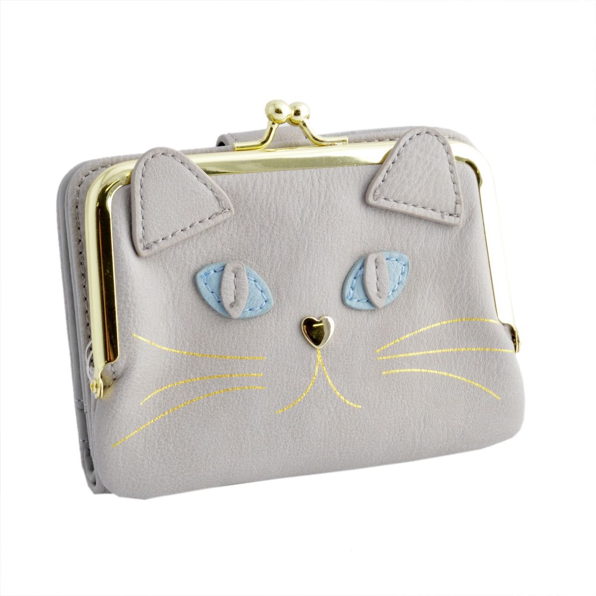 アネロ anello  ZU-M0422-LGY 猫フェイス がま口小銭入れ付 二つ折り財布 ☆ジョセフィーヌ シリーズ☆