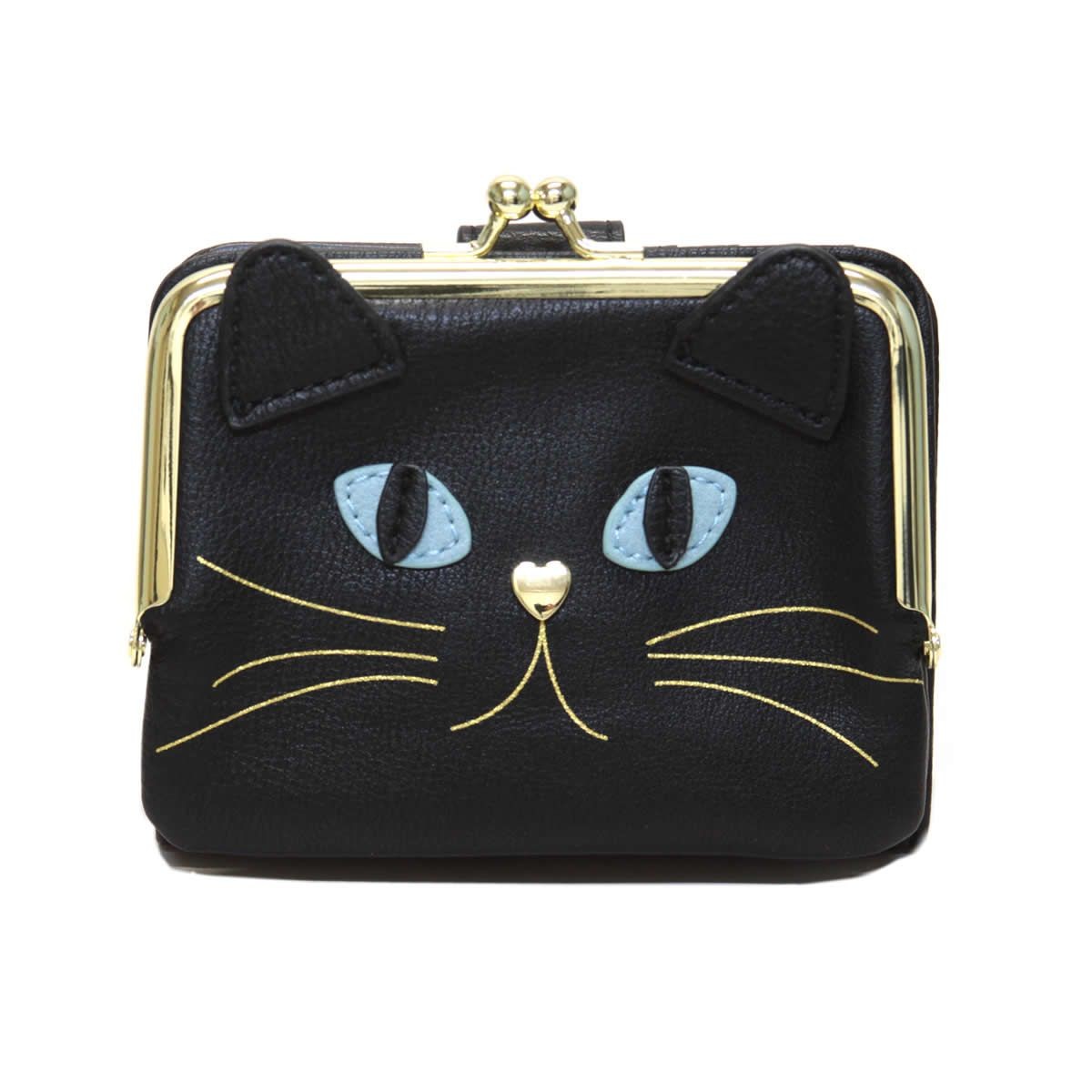 アネロ anello  ZU-M0422-BK 猫フェイス がま口小銭入れ付 二つ折り財布 ☆ジョセフィーヌ シリーズ☆