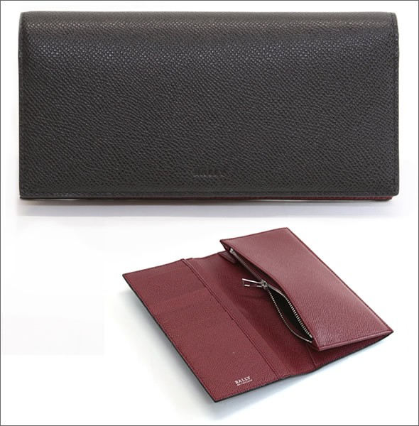 バリー BALIRO.B 86 BLACK/BALLY RED ファスナー小銭入れ付 二つ折り長財布 型押しカーフ