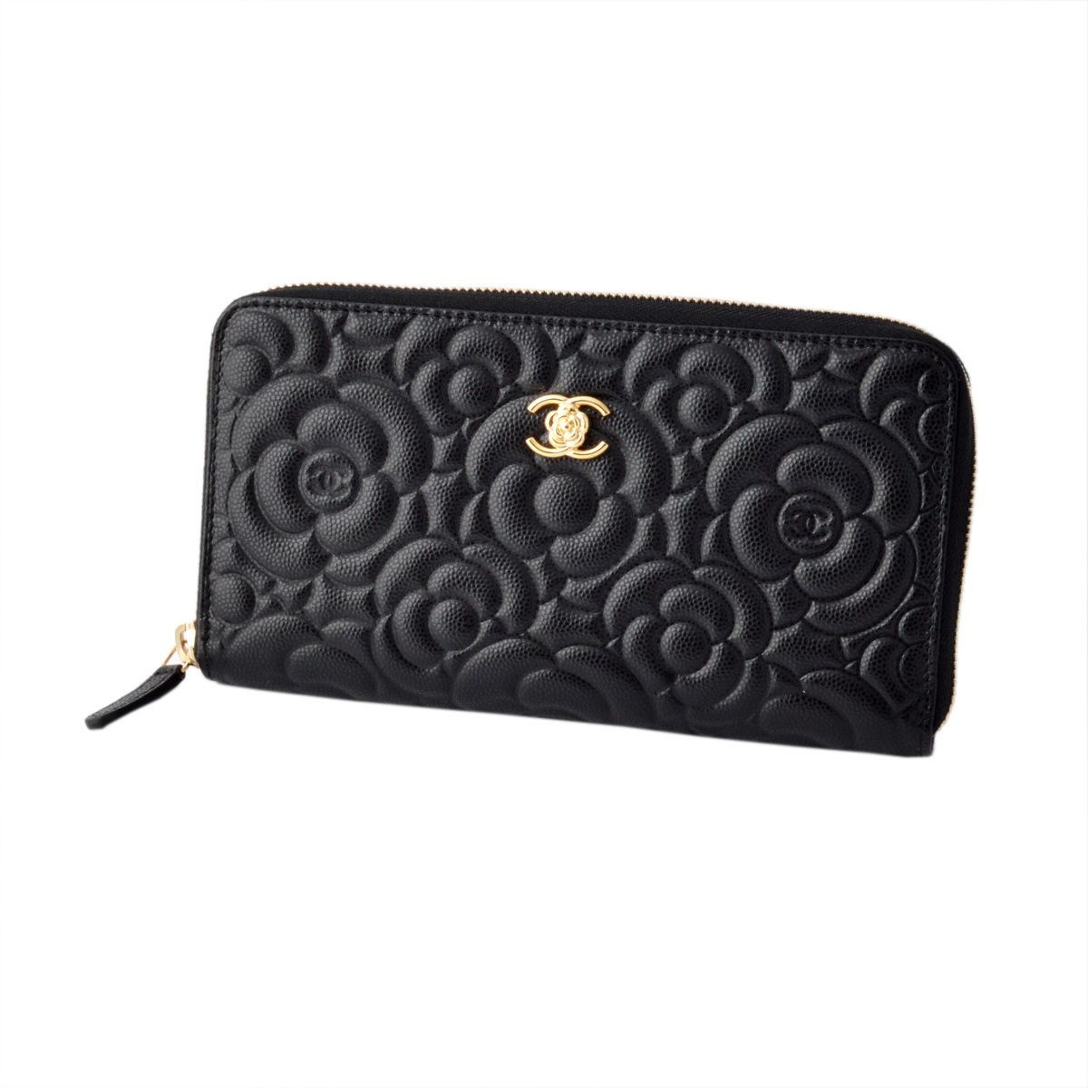 シャネル CHANEL  82281G Y25503 94305 COCO ロゴ＆カメリア型押し キャビアスキン ラウンドファスナー長財布