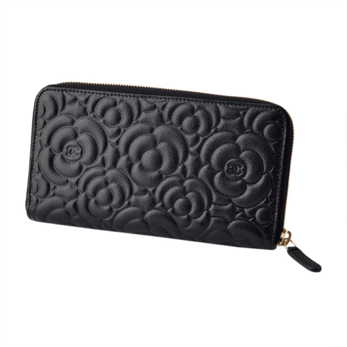 シャネル CHANEL  82281G Y25503 94305 COCO ロゴ＆カメリア型押し キャビアスキン ラウンドファスナー長財布