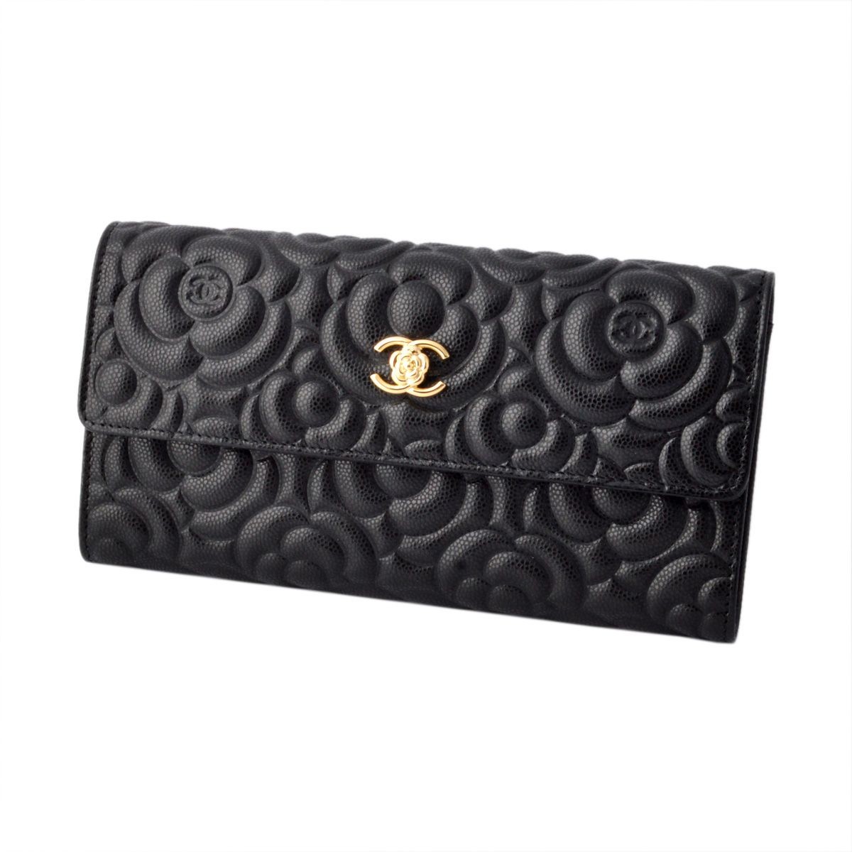 シャネル CHANEL  82283G Y25503 94305 COCO ロゴ＆カメリア型押し キャビアスキン 二つ折り 長財布