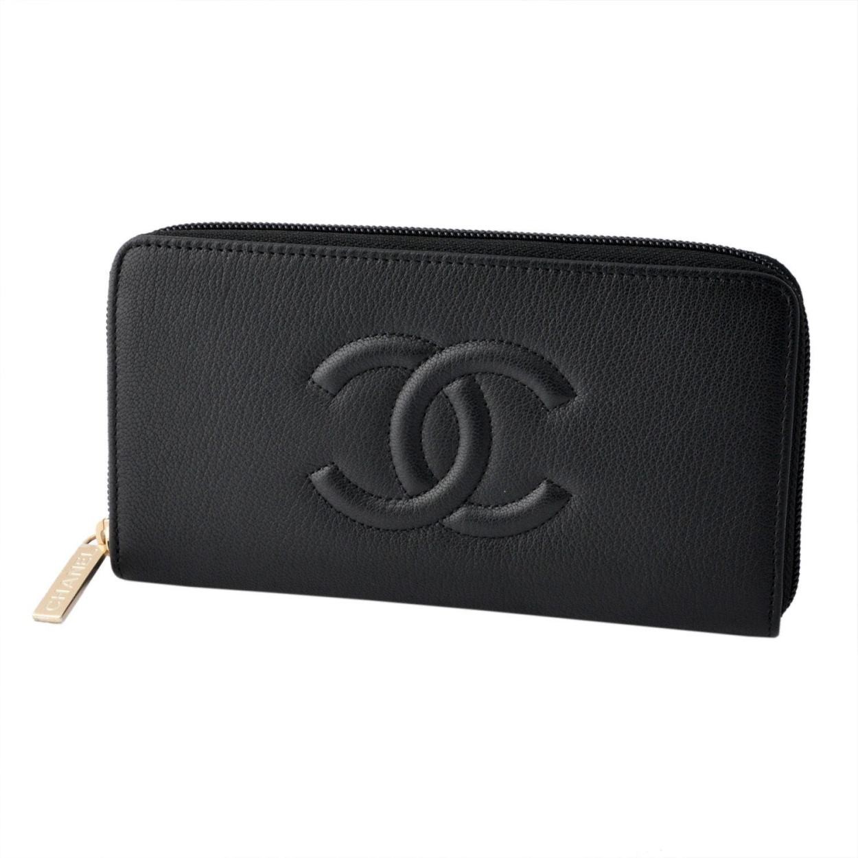 シャネル CHANEL  50071G Y25083 94305 BLACK COCO ロゴエンボス メタリック カーフスキン ラウンドファスナー長財布