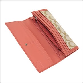 コーチ サットン シグネチャー スリムエンベロープ 二つ折り ファスナー小銭入れ付 長財布 ライトカーキ/コーラル 44001 SIGCO