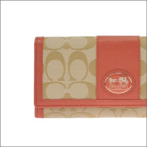 コーチ サットン シグネチャー スリムエンベロープ 二つ折り ファスナー小銭入れ付 長財布 ライトカーキ/コーラル 44001 SIGCO