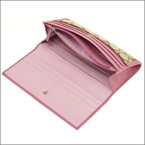 コーチ サットン シグネチャー スリムエンベロープ 二つ折り ファスナー小銭入れ付 長財布 カーキ/ローズ 44001 SKHRO