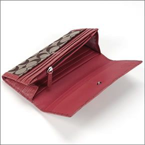 コーチ サットン シグネチャー スリム エンベロープ 二つ折り長財布 キャンバス×クロコ型押しレザー カーキ/ピンクレッド 45965 SKHCM