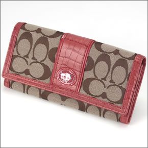 コーチ サットン シグネチャー スリム エンベロープ 二つ折り長財布 キャンバス×クロコ型押しレザー カーキ/ピンクレッド 45965 SKHCM