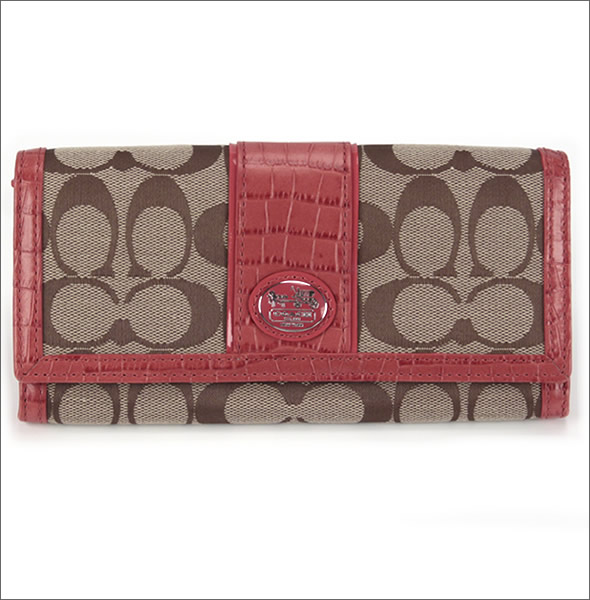 コーチ サットン シグネチャー スリム エンベロープ 二つ折り長財布 キャンバス×クロコ型押しレザー カーキ/ピンクレッド 45965 SKHCM