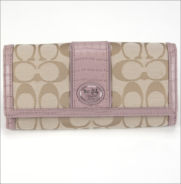 コーチ サットン シグネチャー スリム エンベロープ 二つ折り長財布 キャンバス×クロコ型押しレザー クリームライトカーキ/ライトピンク 45965 SVAQJ