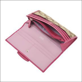 コーチ ペネロピシグネチャー スリム エンベロープ ファスナー小銭入れ付 二つ折り長財布 カーキ/ラズベリー 43412 SKHRA