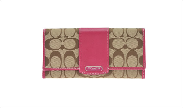 コーチ ペネロピシグネチャー スリム エンベロープ ファスナー小銭入れ付 二つ折り長財布 カーキ/ラズベリー 43412 SKHRA