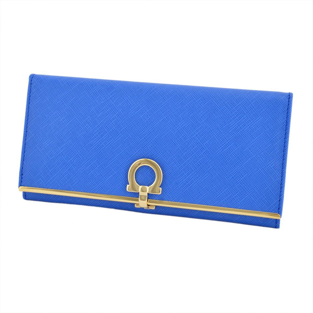サルバトーレフェラガモ Salvatore Ferragamo 224633 642924 bleu indien GANCINI ガンチーニ パスケース付 二つ折り長財布