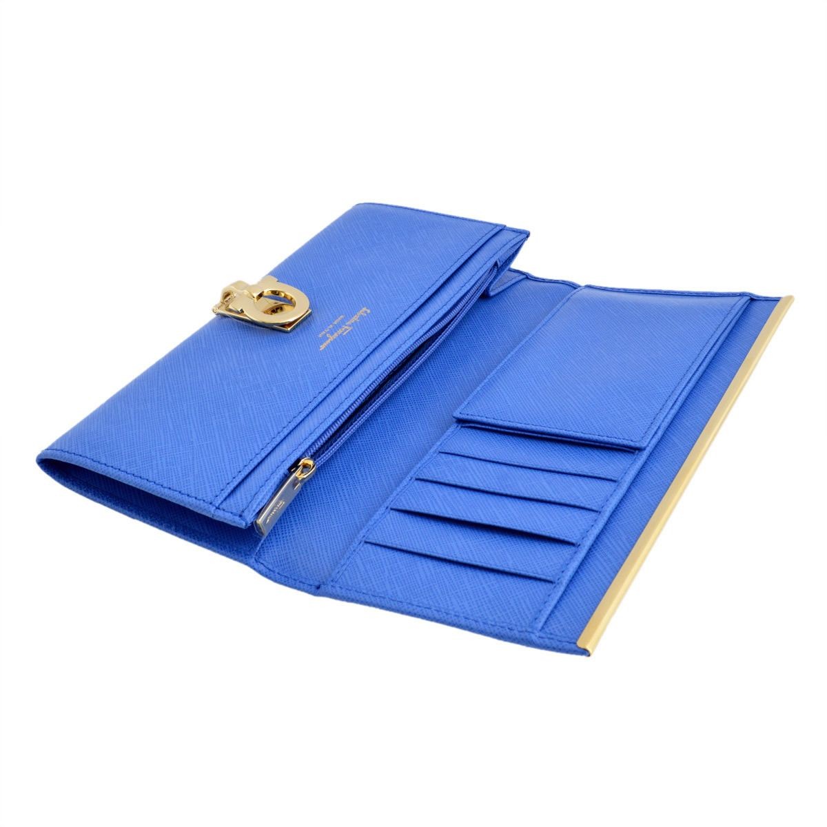 サルバトーレフェラガモ Salvatore Ferragamo 224633 642924 bleu indien GANCINI ガンチーニ パスケース付 二つ折り長財布