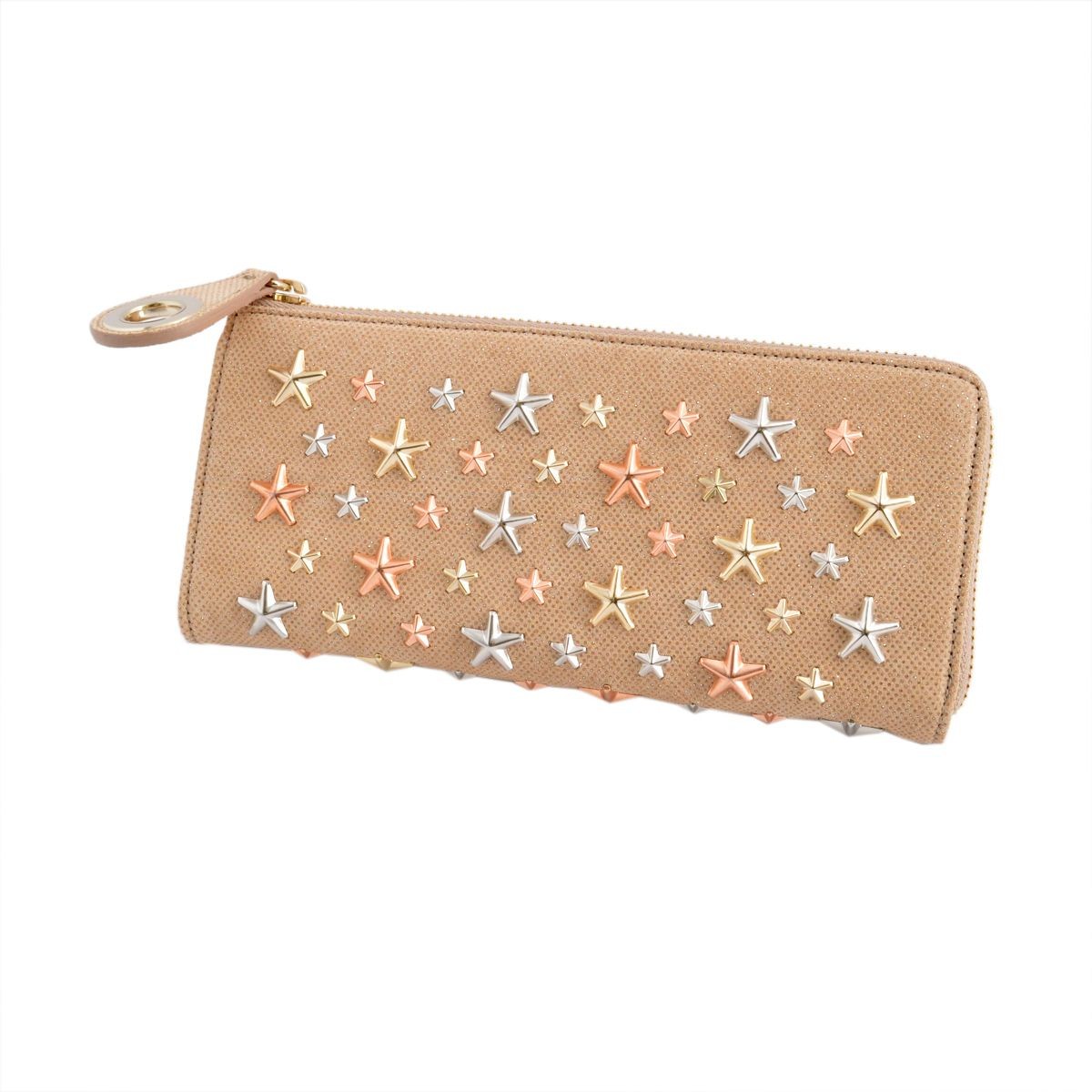 ジミーチュウ JIMMY CHOO NIXIE/MXU 161 NUDE/ROSE GOLD METALLIC MIX スタースタッズ付 L字ファスナー長財布 ロングウォレット
