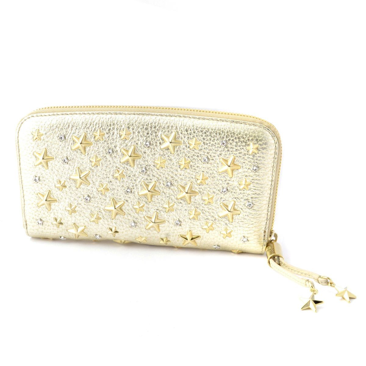 ジミーチュウ JIMMY CHOO FILIPA/WDS OO0001 LIGHT GOLD クリスタルスター＆スタースタッズ ラウンドファスナー長財布