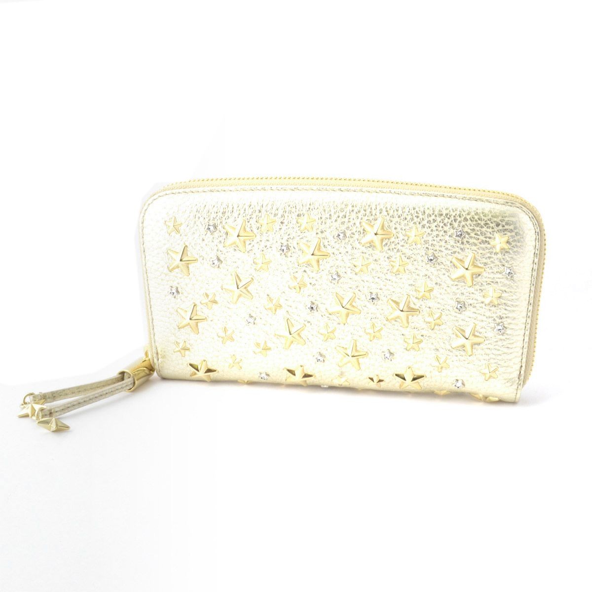 ジミーチュウ JIMMY CHOO FILIPA/WDS OO0001 LIGHT GOLD クリスタルスター＆スタースタッズ ラウンドファスナー長財布