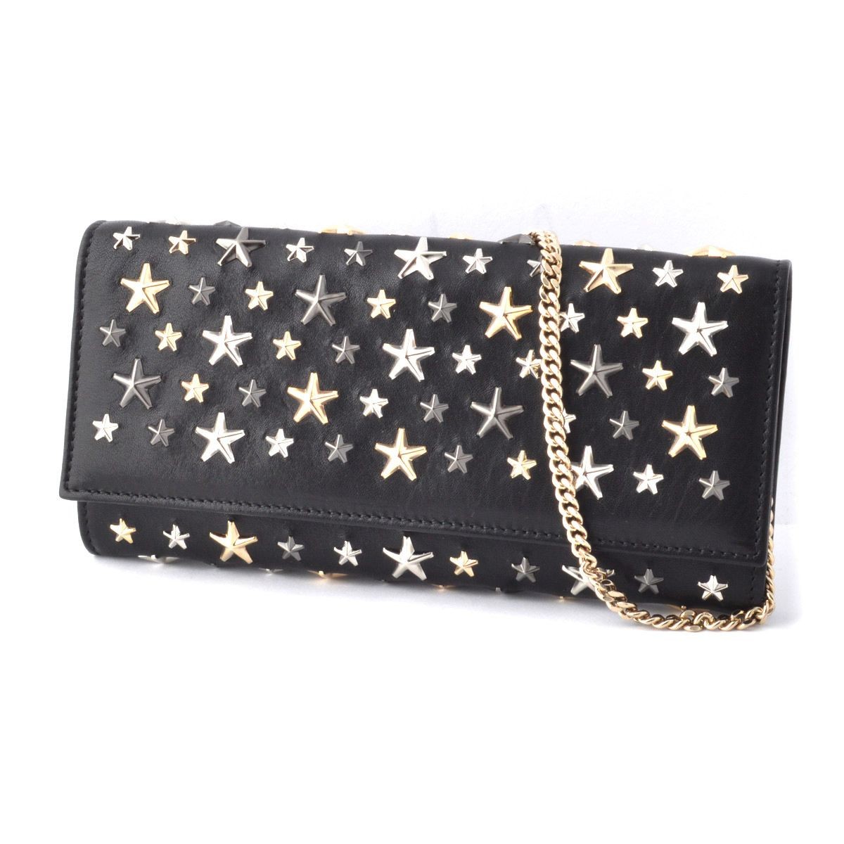 ジミーチュウ JIMMY CHOO MILLA/LTR 000715 BLACK/METALLIC MIX スタースタッズ チェーンショルダーストラップ付 二つ折り長財布 クラッチバッグ