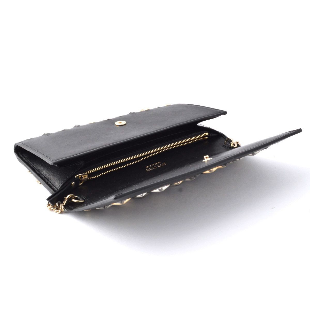 ジミーチュウ JIMMY CHOO MILLA/LTR 000715 BLACK/METALLIC MIX スタースタッズ チェーンショルダーストラップ付 二つ折り長財布 クラッチバッグ