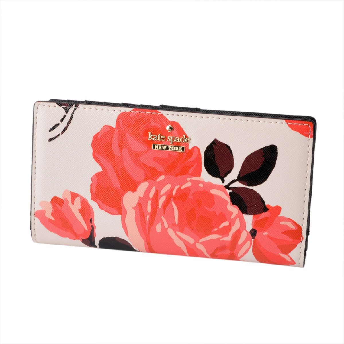 ケイトスペード Kate Spade PWRU5538 258 ローズプリント 背面ファスナー小銭入れ＆定期入れ付 二つ折り長財布 CAMERON STREET ROSES stacy
