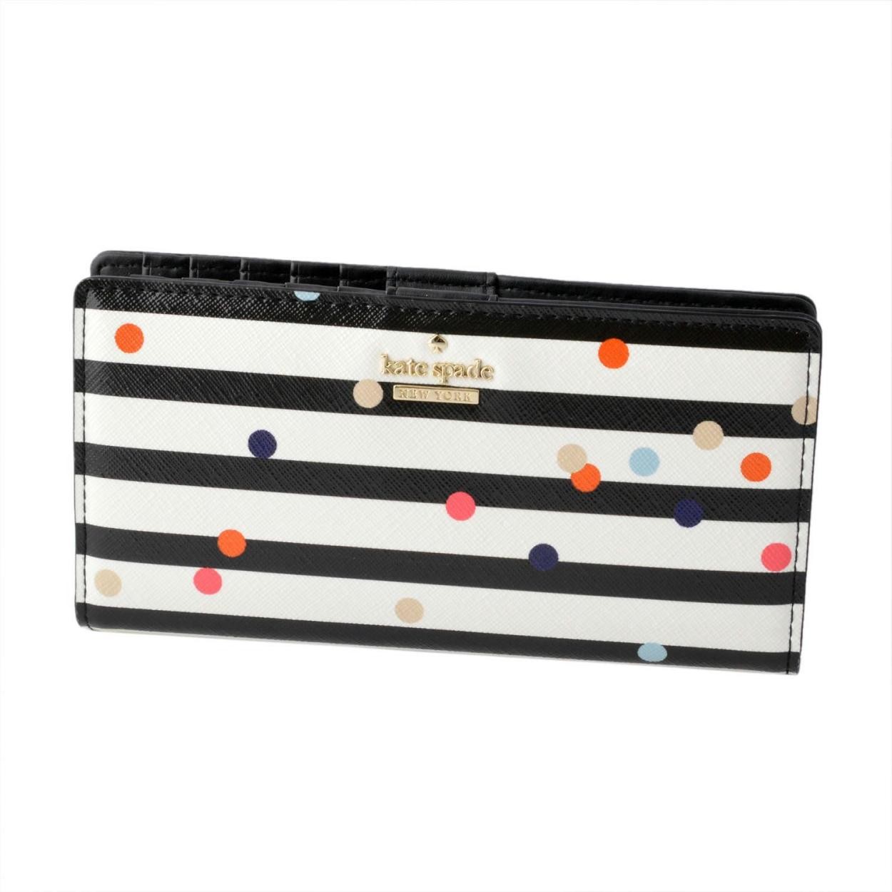 ケイトスペード Kate Spade PWRU5528 974 ボーダー×ドット柄 背面ファスナー小銭入れ＆定期入れ付 二つ折り長財布 CAMERON STREET confetti dot stacy