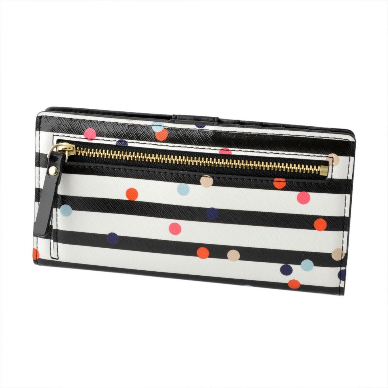 ケイトスペード Kate Spade PWRU5528 974 ボーダー×ドット柄 背面ファスナー小銭入れ＆定期入れ付 二つ折り長財布 CAMERON STREET confetti dot stacy