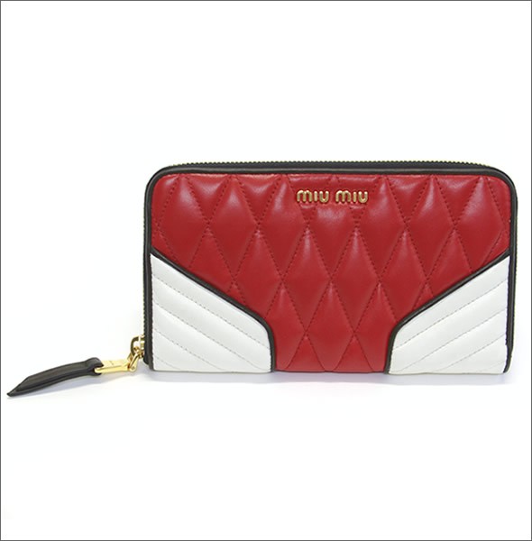 ミュウミュウ  ナッパ バイカーカラー キルティング ラウンドファスナー長財布 5M0506 NAPPA BIKER COLOUR ROSSO+BIANCO