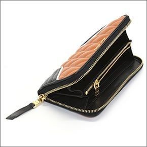 ミュウミュウ  ナッパ バイカーカラー キルティング ラウンドファスナー長財布 5M0506 NAPPA BIKER COLOUR PAPAYA+NERO