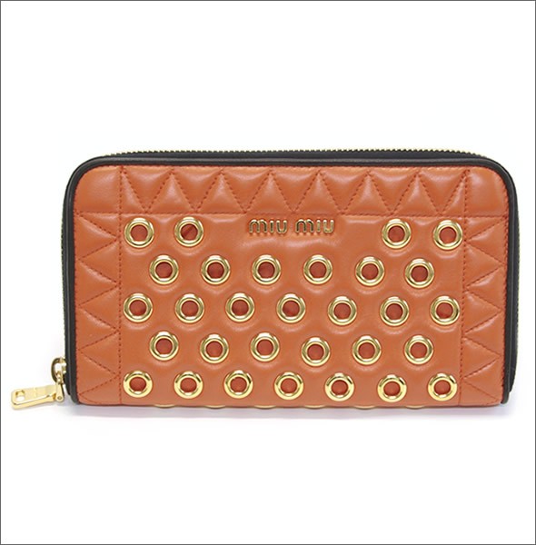 ミュウミュウ  ナッパ ヴェレ パンチング ラウンドファスナー長財布 5M0506 NAPPA VELE PAPAYA