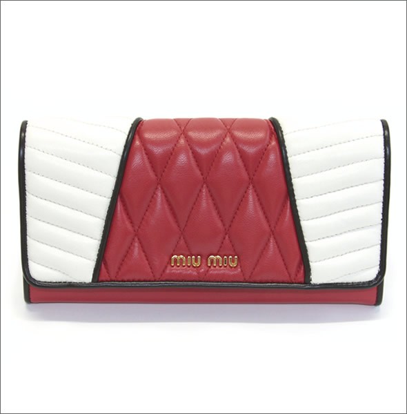ミュウミュウ  ナッパ バイカーカラー キルティング 二つ折り長財布 5M1109 NAPPA BIKER COLOUR ROSSO+BIANCO