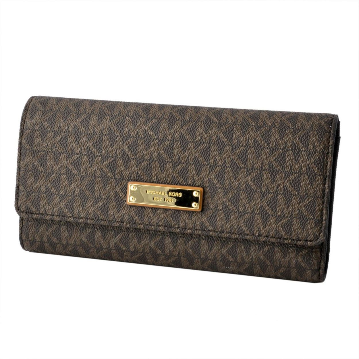 マイケルコース MICHAEL KORS 32S7GJSE4B Brown 小切手ケース＆ミニボールペン付 MKシグネチャー柄 三つ折り長財布 JET SET ITEM