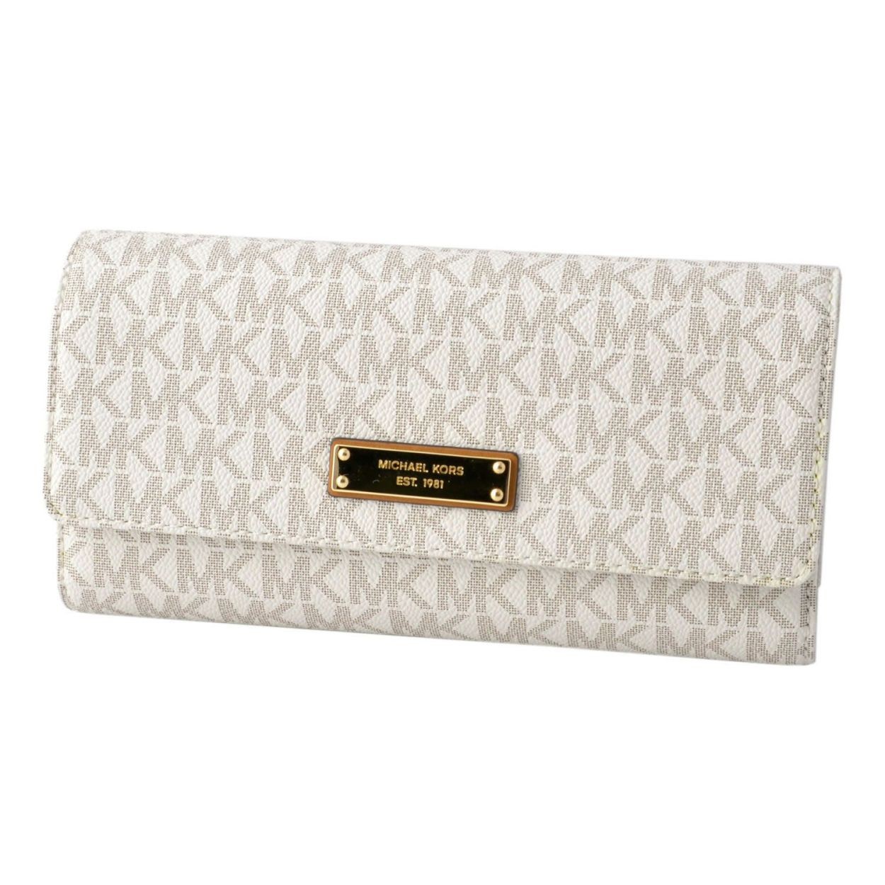 マイケルコース MICHAEL KORS 32S7GJSE4B Vanilla 小切手ケース＆ミニボールペン付 MKシグネチャー柄 三つ折り長財布 JET SET ITEM